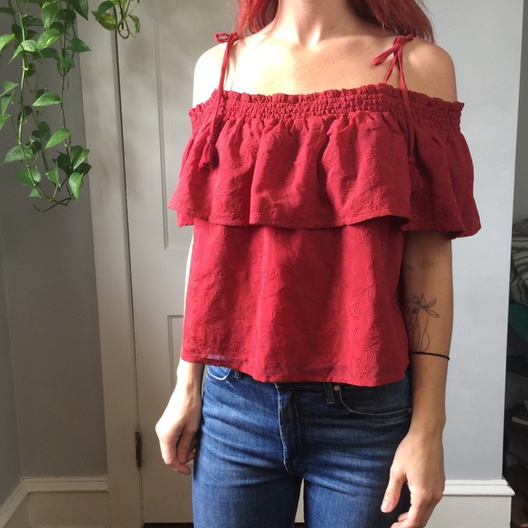 Lovers + Friends Tops - Lovers + Friends Red Embroidered OTS Shirt Blouse